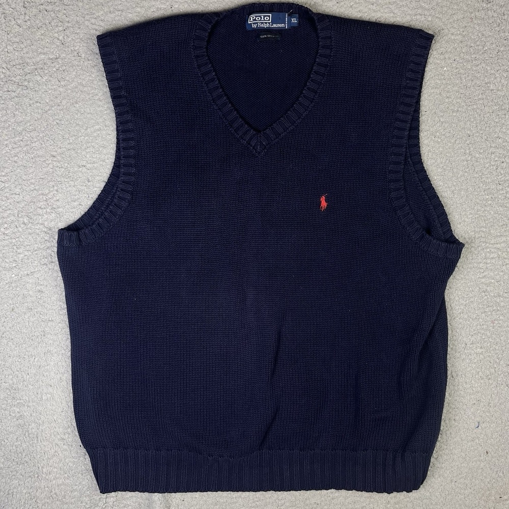 Polo‎ Ralph Lauren Mens Navy Blue Cotton V-Neck Sweater Vest Red Pony Size XL